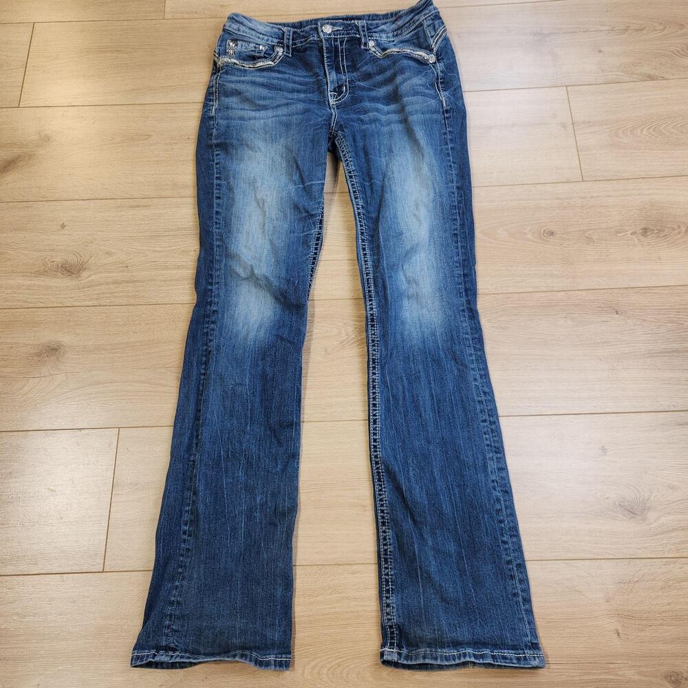 Miss Me Jeans Womens 32x34 Medium Blue Mid Rise Bootcut Rhinestone Stretch Denim